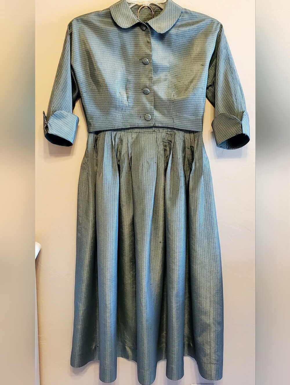 Sage Green Plaid 2 Pc. Midi Dress Crop Top/ Peter Pan Collar Full Skirt Sz 0